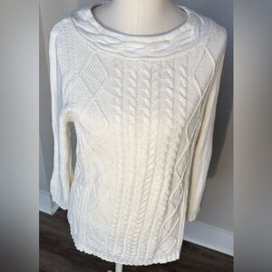 Lands End Cable Knit Sweater Fresh Ivory Women's Med 10/12 Lightweight